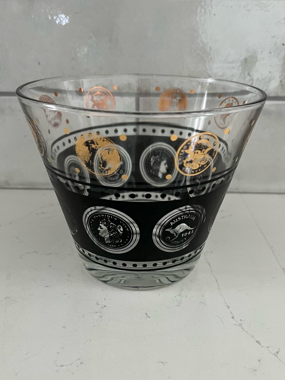 Vintage 1950s CONTINENTAL CAN / HAZEL ATLAS World Coins Glass Ice Bucket